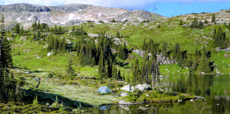 My tent site on Sheila Lake, the West Ridge in the background